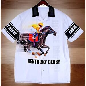 Kentucky Derby Horse Racing 3D Screen Printed Short Sleeve ButtonUp Men's Large